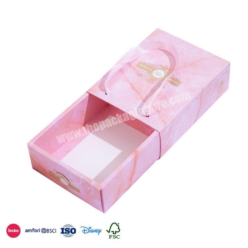 Hight Quality Low Price Pink Textured Design with Ribbon Hand Strap empty chocolate paper box with drawer