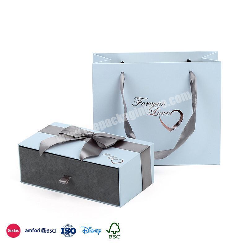 Hot Sale High Quality Blue Shell Grey Drawer Liner with Grey Ribbon Blue Tote Bag flower box luxury