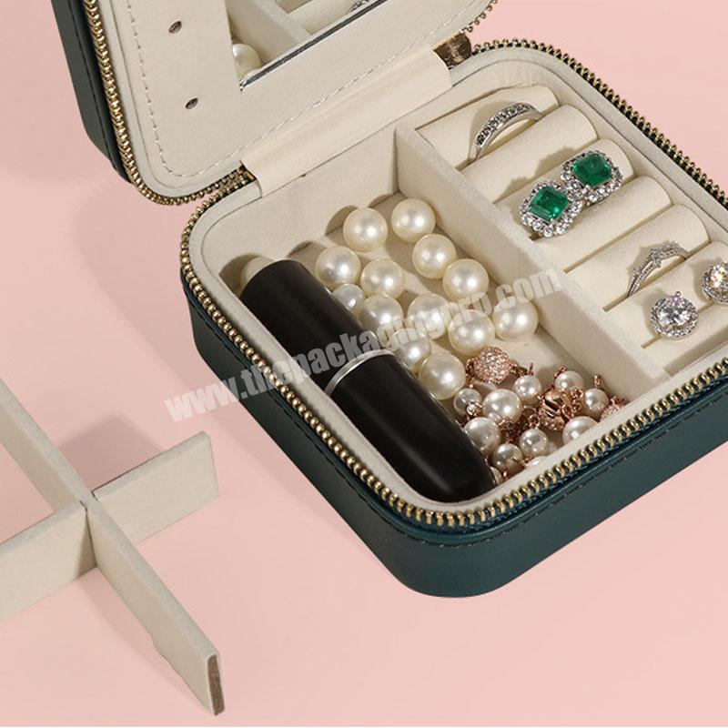 Leather Mirror Jewelry Showcase Women Jewelry Ring Packaging Boxes Zipper Travel Jewelry Box