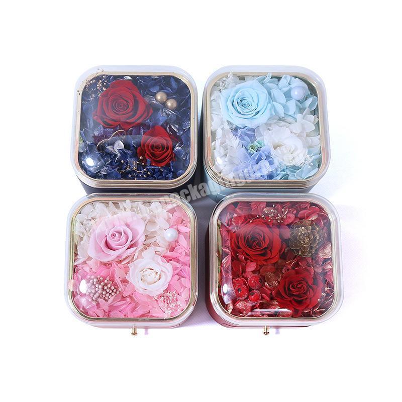 Luxury Plastic Packaging Preserved Rose Flower Jewelry Gift Boxes Clear Cover Square Acrylic Valentine's Day Flower Necklace Box
