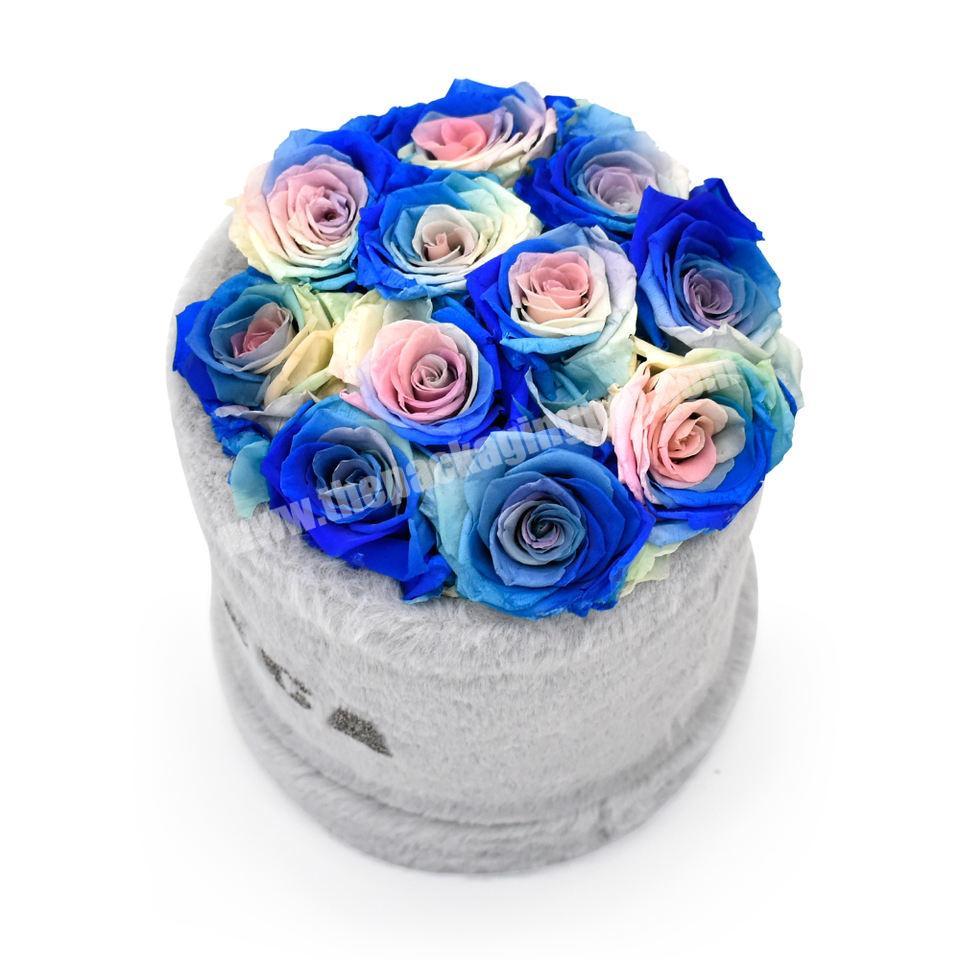 Luxury Small Size Fur Long Pile Velvet Fabric Round Flower Packaging Gift Box With Custom Diamond Logo For Flower Packaging