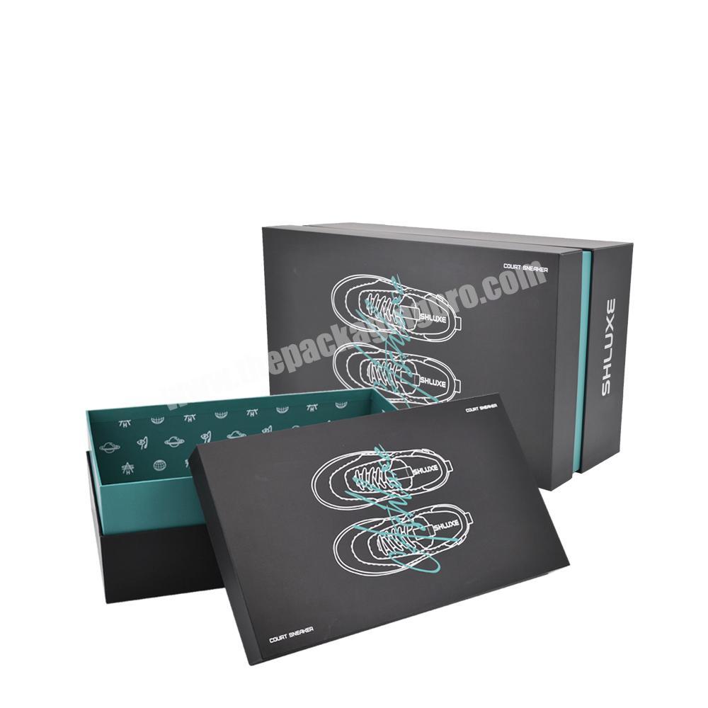 Luxury custom logo shoe boxes black personalised fancy stackable shoe box cardboard storage shoe packaging box
