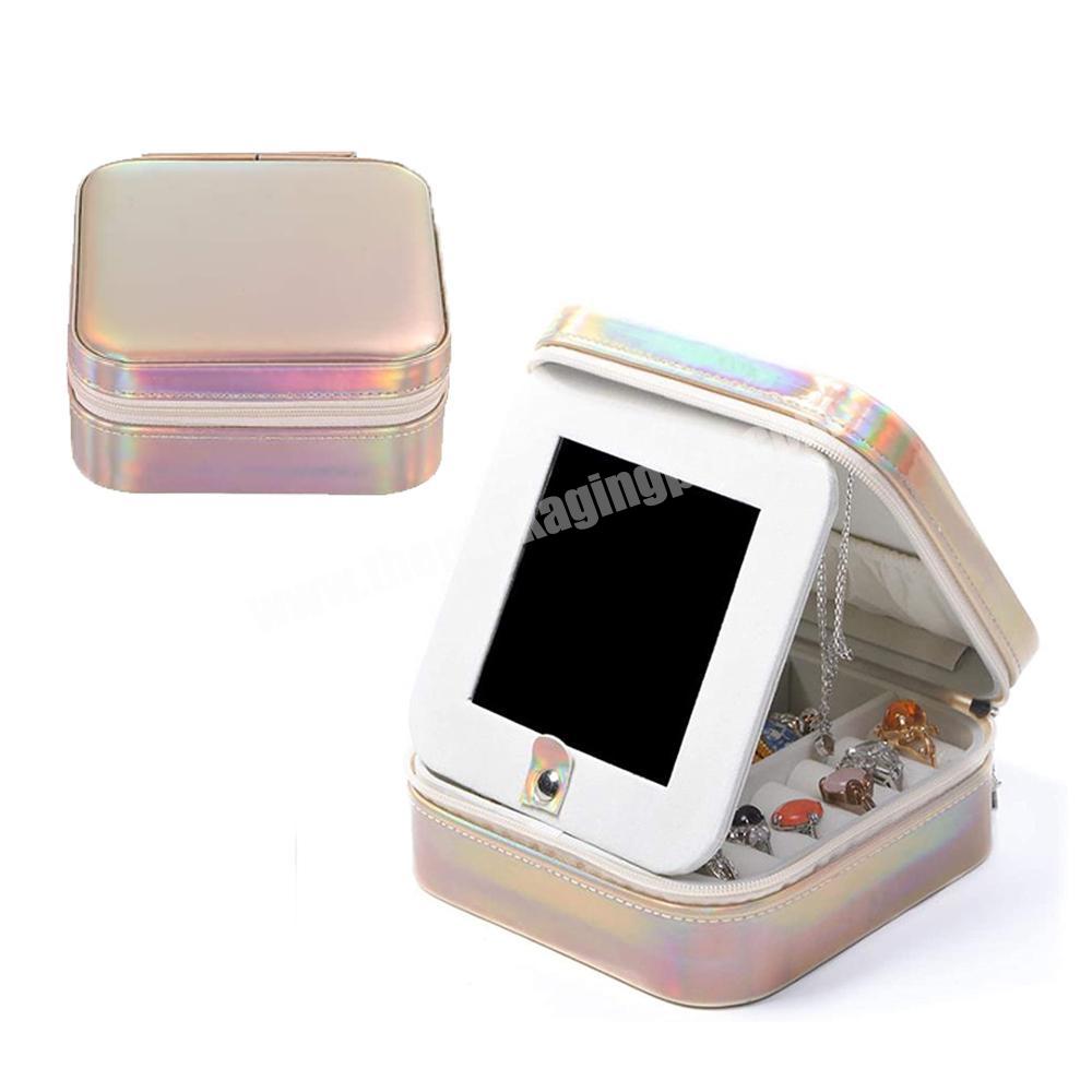 Luxury mini portable jewelry box for ring earrings necklace bracelet PU leather travel jewelry with mirror travel jewelry box