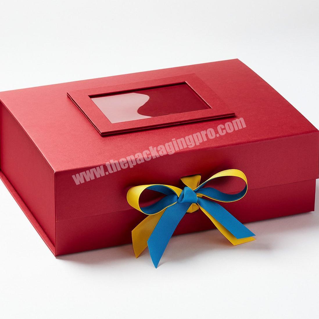 Luxury paper new printed red square gift box with ribbon box clear lid custom logo box packaging with ribbon