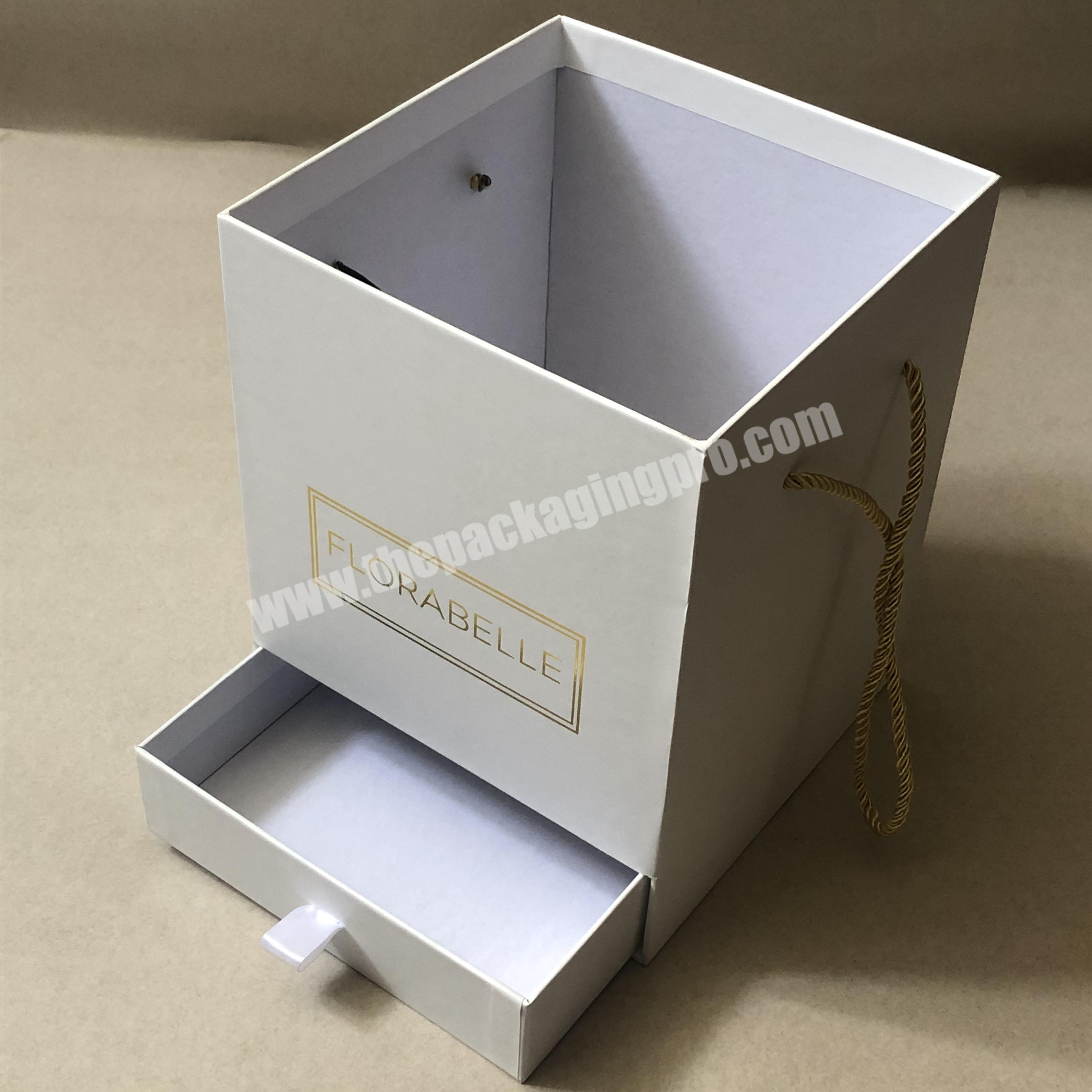 Luxury rose flower packaging boxes with drawer and rope handle