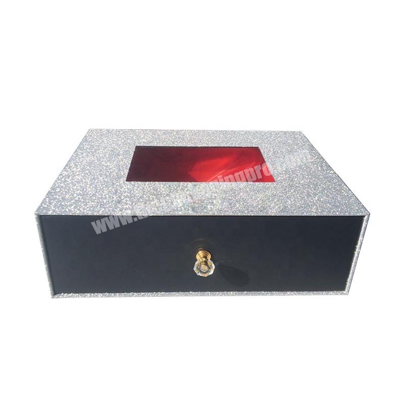 Luxury white glitter hair packaging boxes with red satin and gold knob