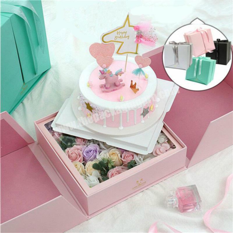 Magic Cube Portable Cardboard Flower Cake Gift Box For Wedding Creative Double Door Flower Gift Packaging Box With Ribbon