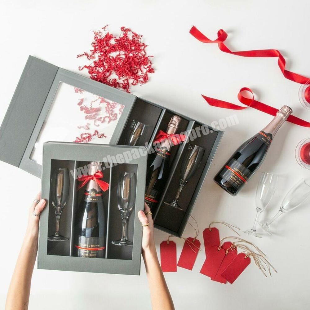 Magnetic folding black with window wine bottle box packaging design custom wine packaging gift boxes wholesale custom wine box