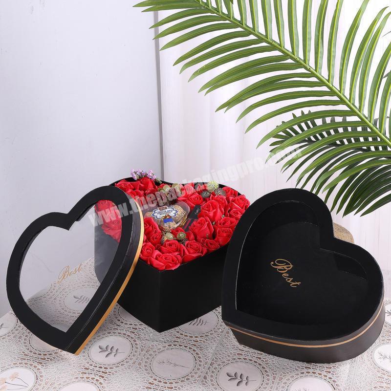 New Arrival Paper Cardboard Empty Heart Shape Wedding Rose Soap Flowers And Chocolate Gift Packaging Box With Clear Window
