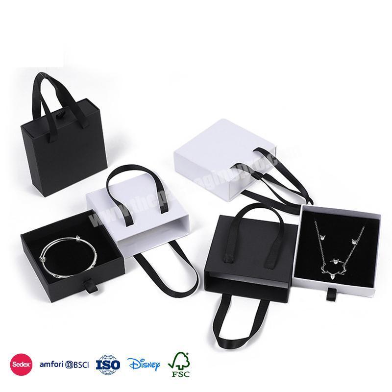 New Design Professional Black and white with black double handle ribbon jewelry packaging drawer box