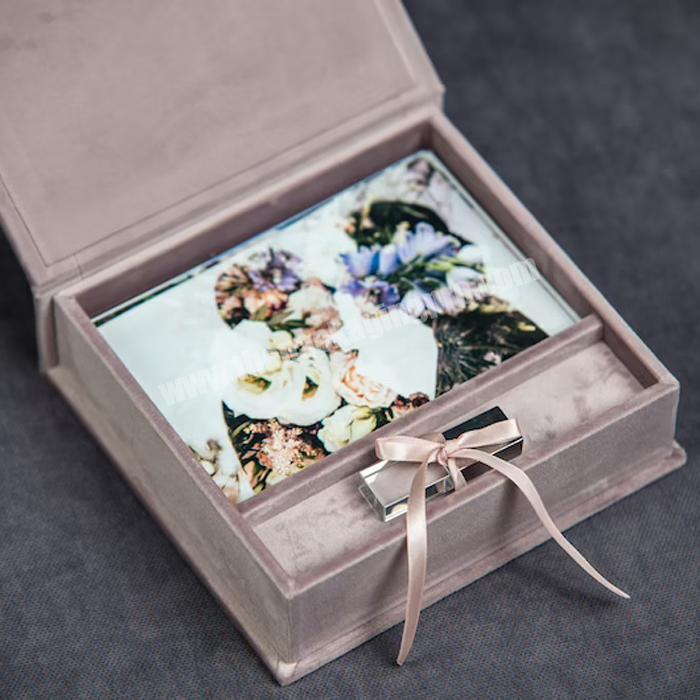 Personalized wedding photo memory box logo custom velvet gift box with ribbon handle packaging usb photo mini floral photo box