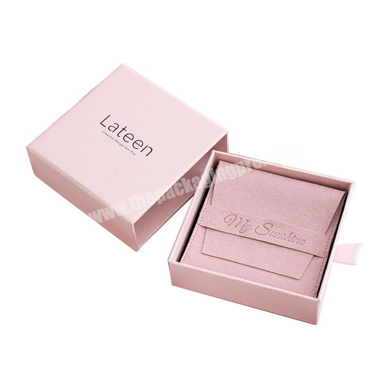 Pink Personalized Gift Paper Slide Cardboard Velvet Pouches Jewelry Sliding Packaging Box Set with Custom Logo for jewelry