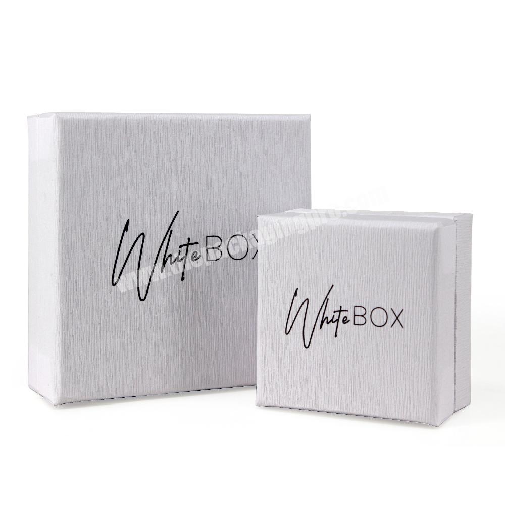 Recyclable white natural textured paper jewelry packaging box custom black hot stamping logo