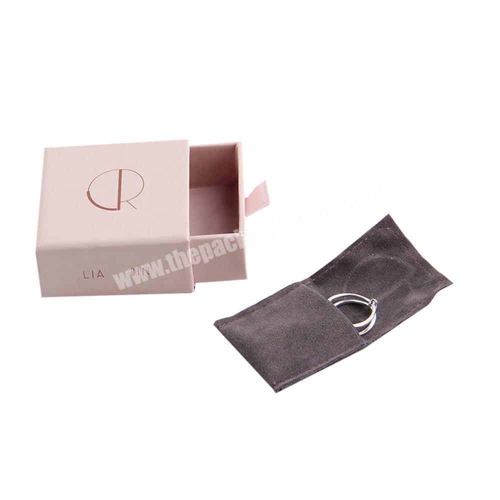 Recycled Custom Logo Printed Pink Paper Sliding Cardboard Drawer Box with Jewelry Pouch for Necklace Jewelry Packaging