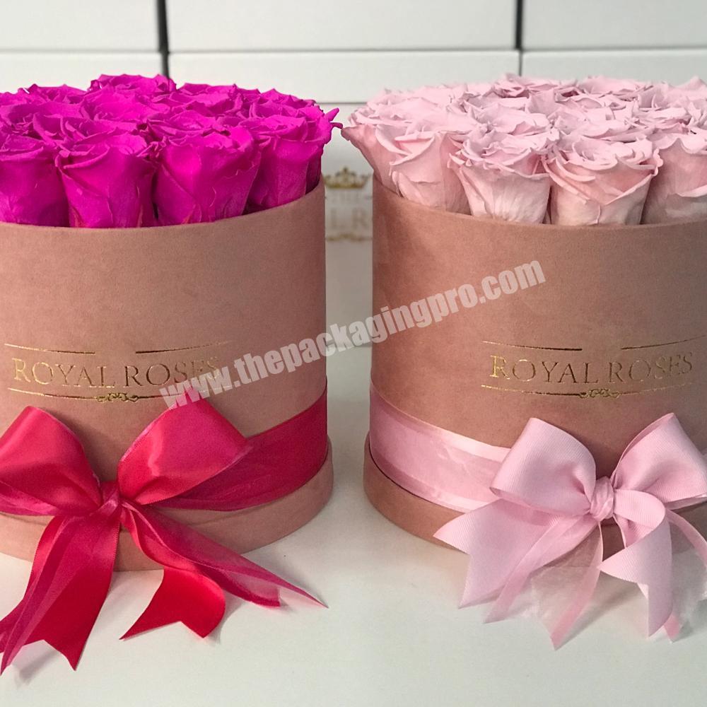 Velvet round flower boxes with custom logo printed suede flower gift packaging box roses Valentines gifts flower packaging boxes