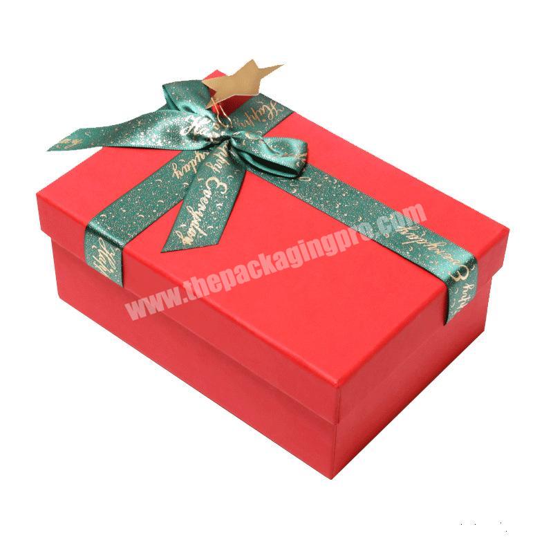 Wholesale Christmas 2 Piece Red Festive Large Packaging Rigid Cardboard Box with Exquisite Ribbon Bow
