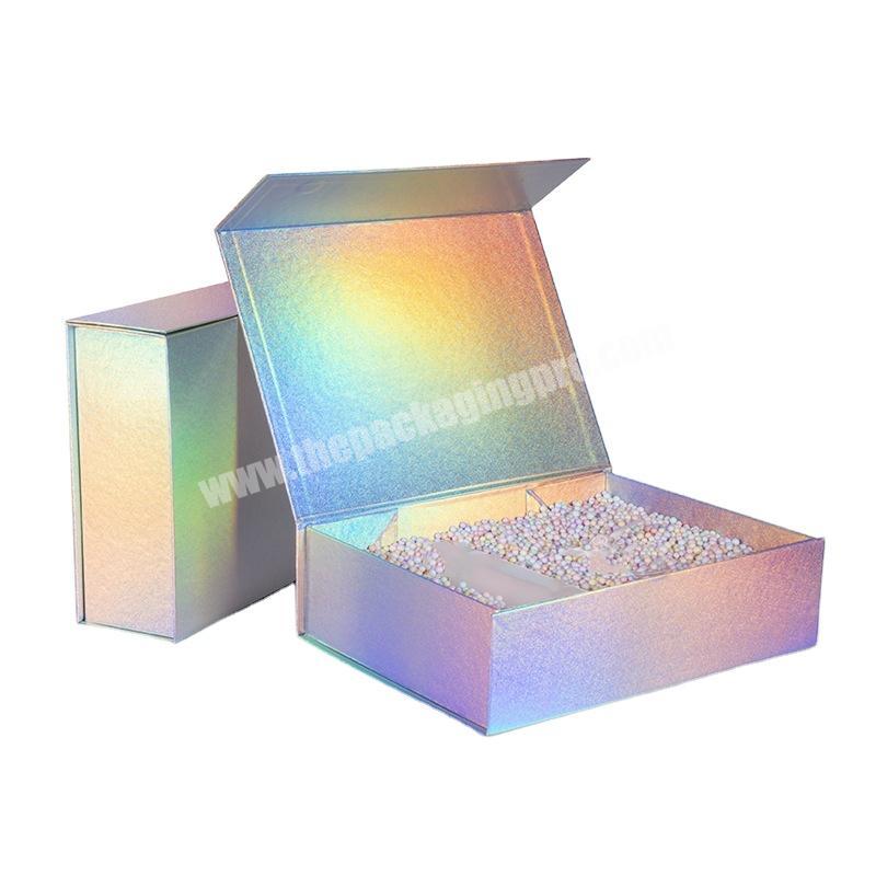 Wholesale rainbow holographic paper box shiny colorful custom magnetic folding apparel box packaging holographic