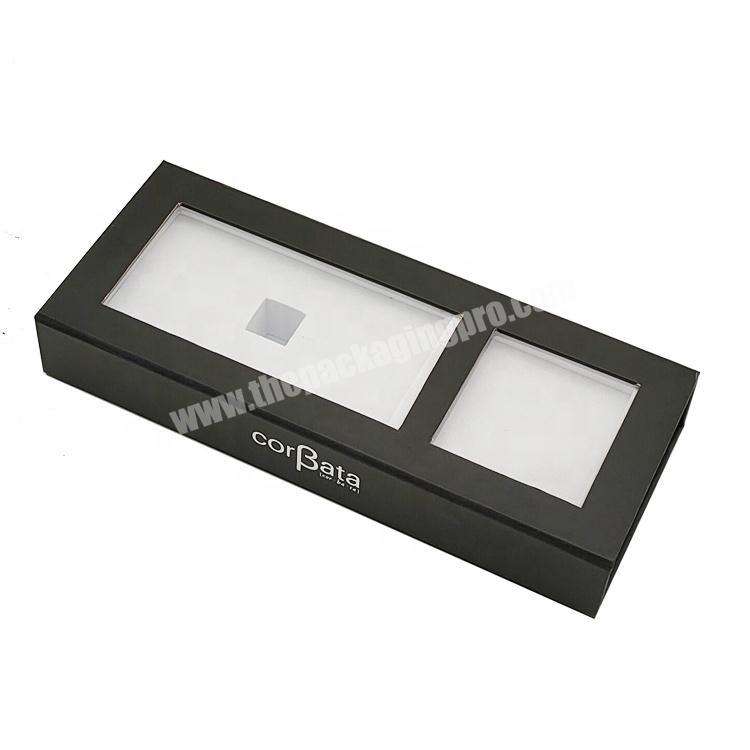 custom luxury matt black rigid cardboard clear window magnetic closure gift box