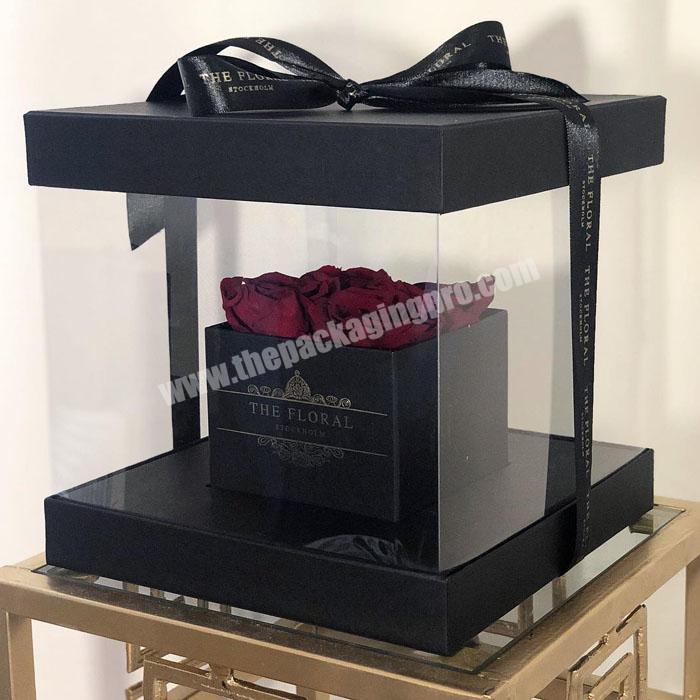 custom roses flower packaging paper box with ribbon clear window velvet gift box round flower box