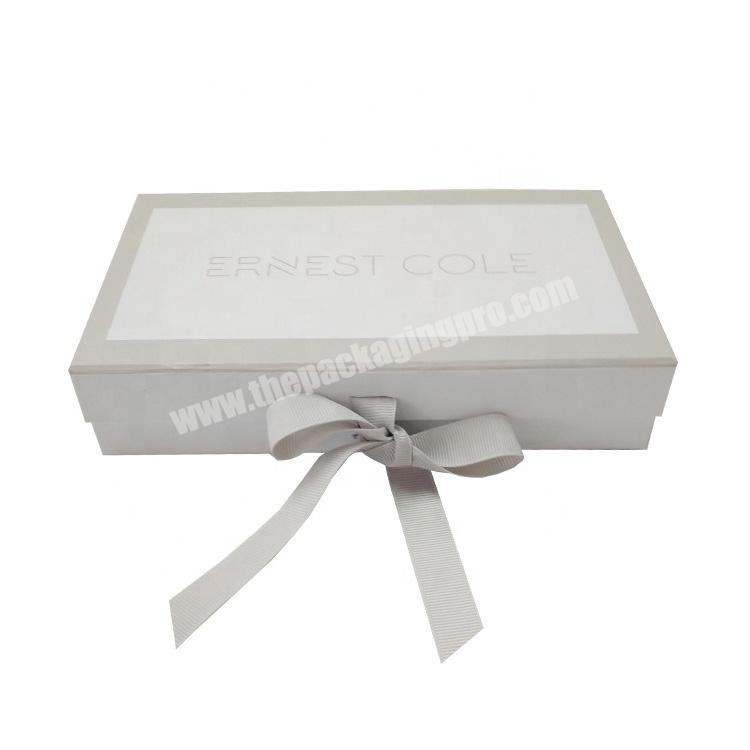 custom white rigid cardboard packaging ribbon closure luxury magnetic gift box