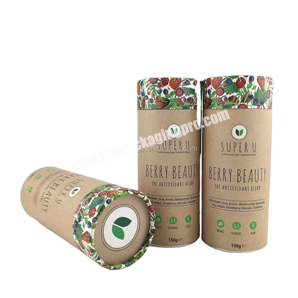 Food grade biodegradable recycled white food powder packaging containers tea coffee 10cmx20cm kraft paper tube inside metal lid