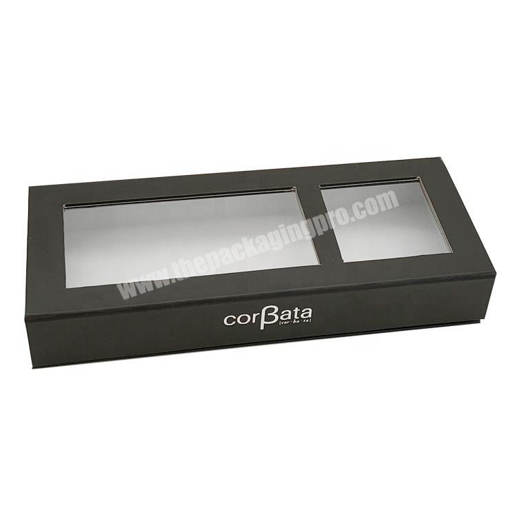 high quality black custom logo magnetic luxury rigid cardboard paper gift wig packaging box with clear window
