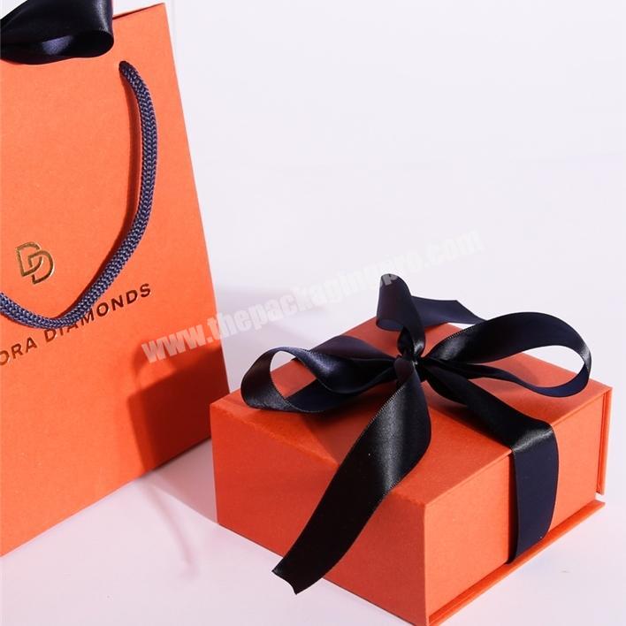kraft paper jewelry box lid hinged ring necklace pendant jewelry boxes custom premium orange gift box with ribbon