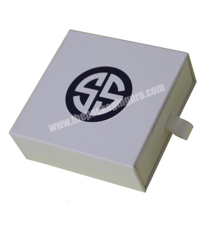 white box  black silver hot foil logo packaging jewelry box paper cardboard boxes ribbon pull out
