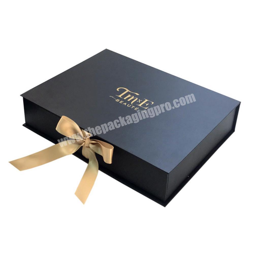 wholesale Custom printed Black Luxury Rigid Cardboard simple Packaging Handmade Ribbon empty magnetic closure Paper Gift Box
