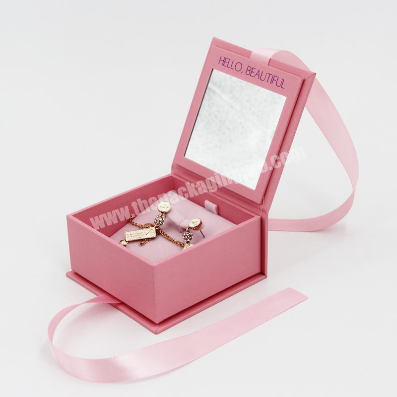 wholesale jewelry box packaging necklaces earrings mirror pink ring paper small travel luxury custom jewelry box with logo