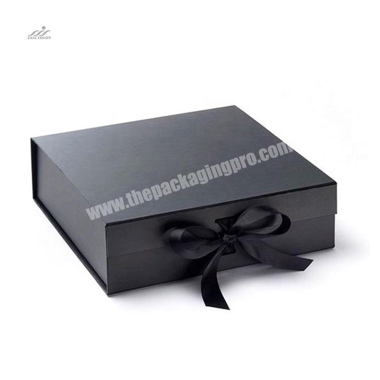Black Deep Gift Box Custom Magnetic Closure Gift Packaging Paper Box Foldable Magnetic Gift Box With Magnetic Ribbon Closure Lid