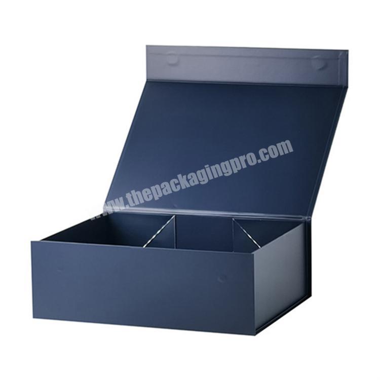 Clothing Custom Clothing Industry Dark Blue Packaging Folding Magnetic Gift Box with Ribbon Handle