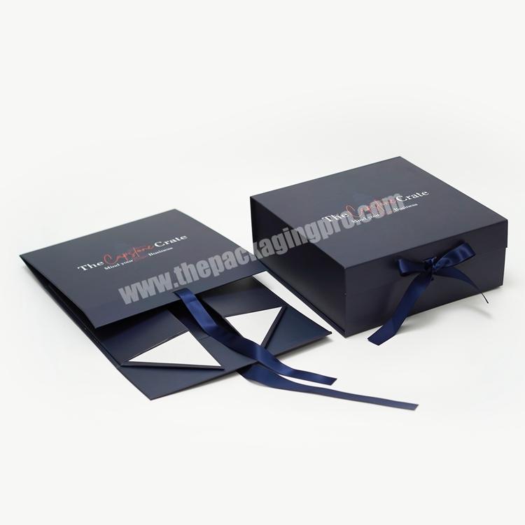 Collapsible Magnetic Closure Box Luxury Rigid Book Shape Box Navy Blue Large Folding Gift Box with Ribbon