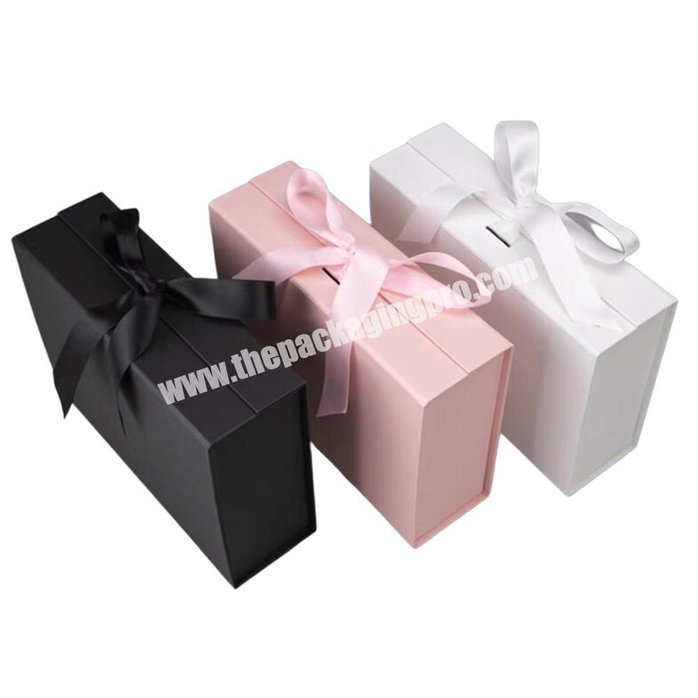 Custom Luxury White Pink Blue Green Magnet Flap Clothing Paper Box Flip Top Gift Boxes with  Ribbon Closure