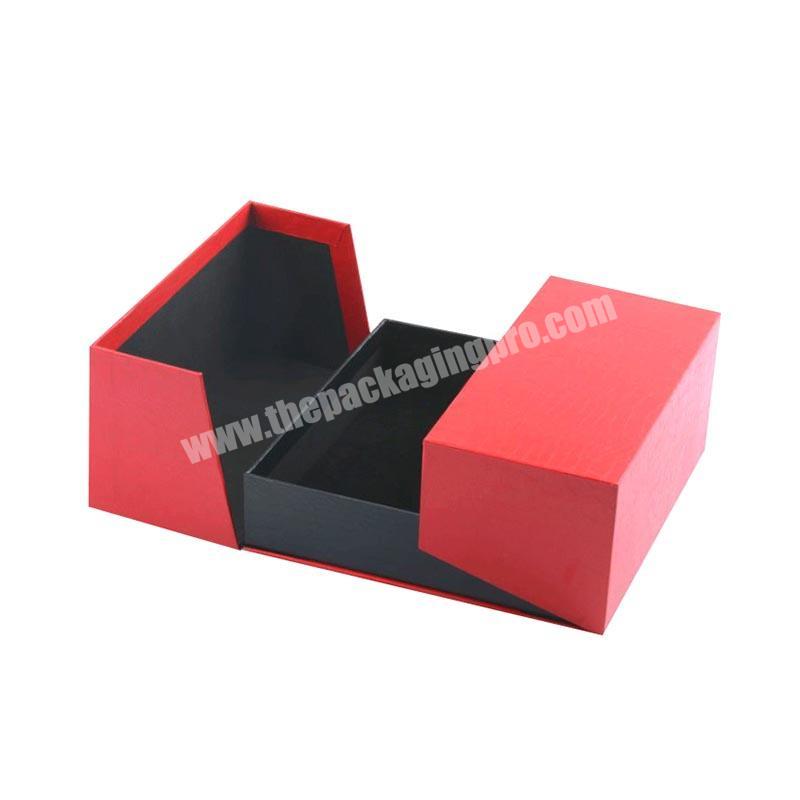 Custom Luxury Red Leatherette Double Open Door Packaging Box Gift With Handle