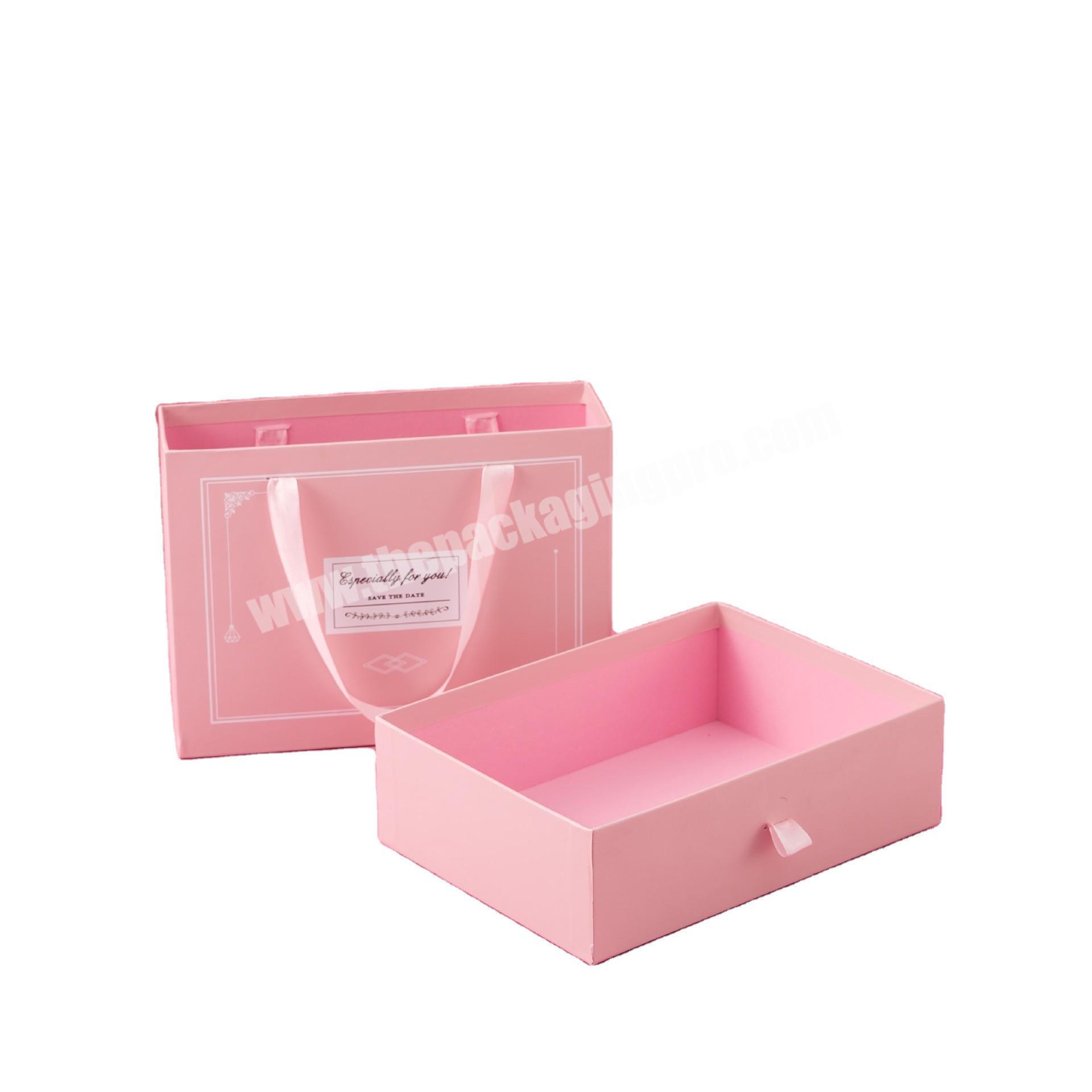 Custom Pink Ribbon Handle Rigid Paper Cassettiera Luxury Clothing Gift Slide Drawer Box Packaging