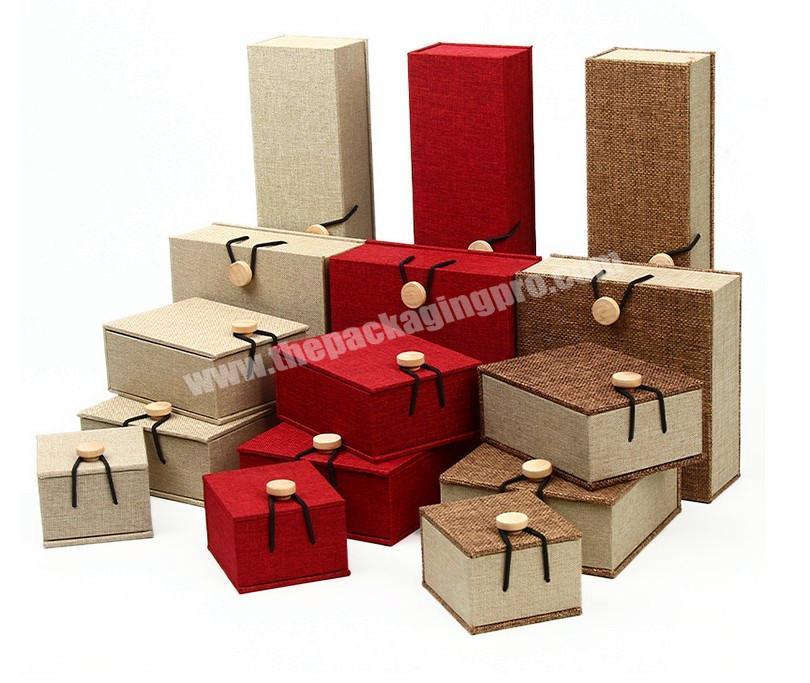 Customized Elegant Small Linen Cardboard Jewelry Box Packaging with Logo and Wooden Button