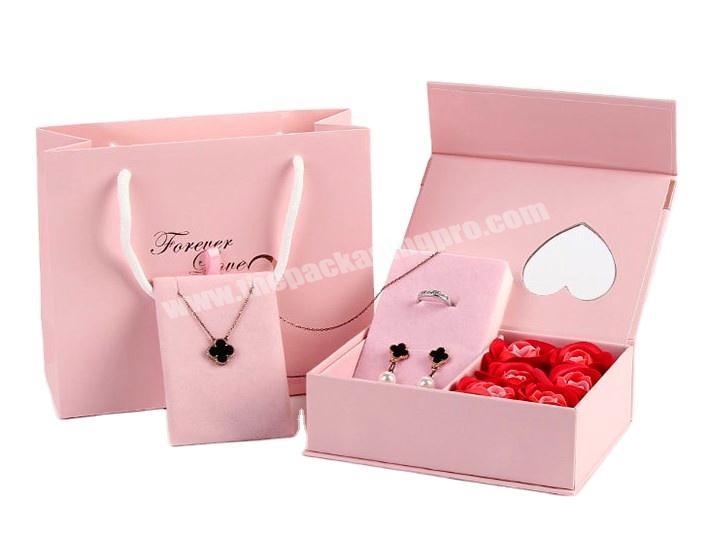 Exquisite Magnetic Cardboard Preserved Rose Jewelry Box Pink Paper Jewelry Box Packaging with PVC Window