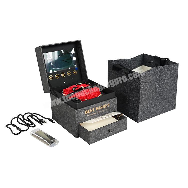 Fashionable new design promotional wedding video box lcd screen gift box with flower