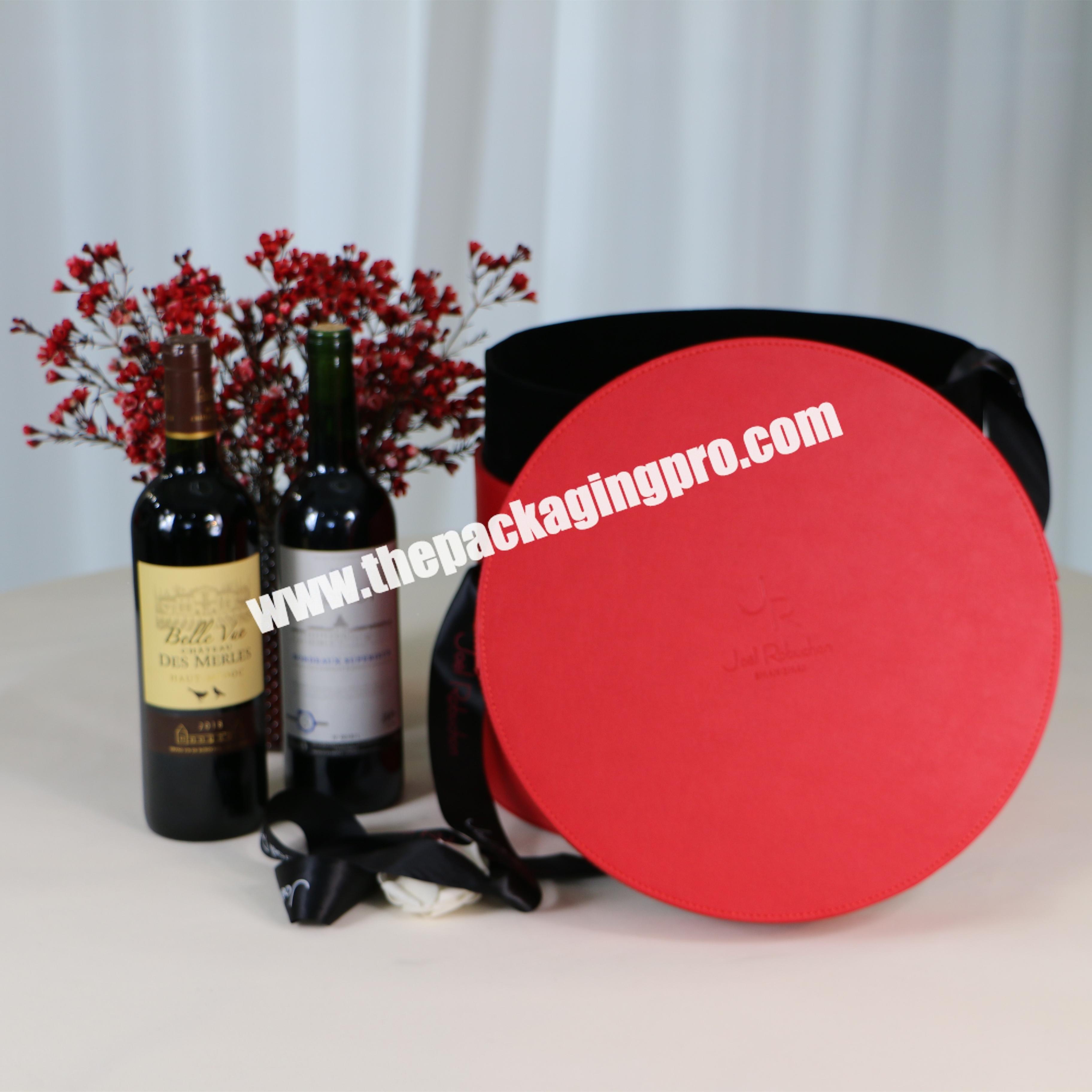 personalize High Quality Luxury Large Round Red Leather Gift Box Packaging with Lid Custom