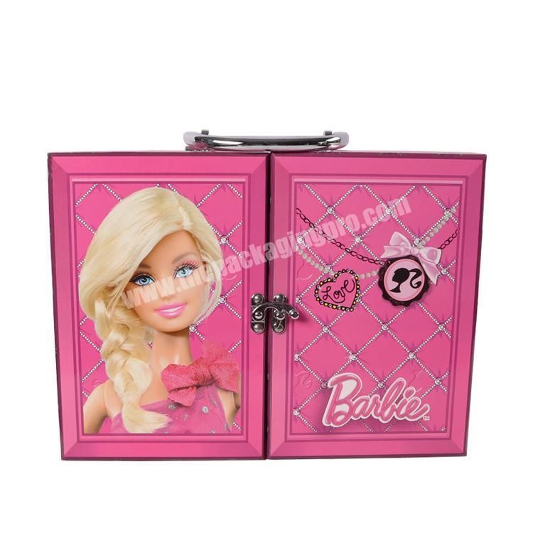 Luxury Cardboard Dual Pink Doll Suitcase Packaging Gift Box With Metal Buckle Handle