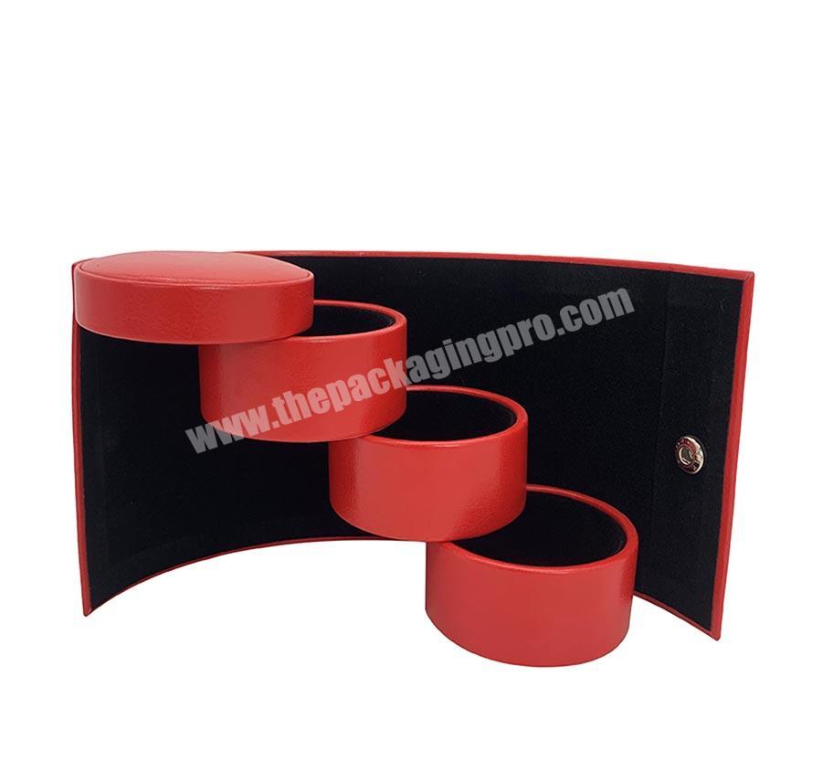 Luxury Red PU Leather Three Layers Cylinder Jewelry Organizer Box