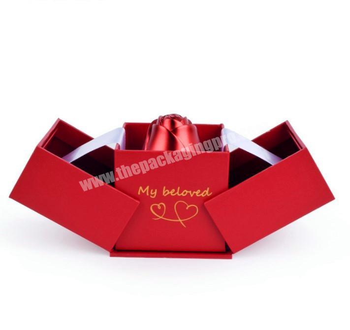 New Arrival Double Door Opening Red Paper Proposal Ring Box Rose Jewelry Box for Valentine's Day