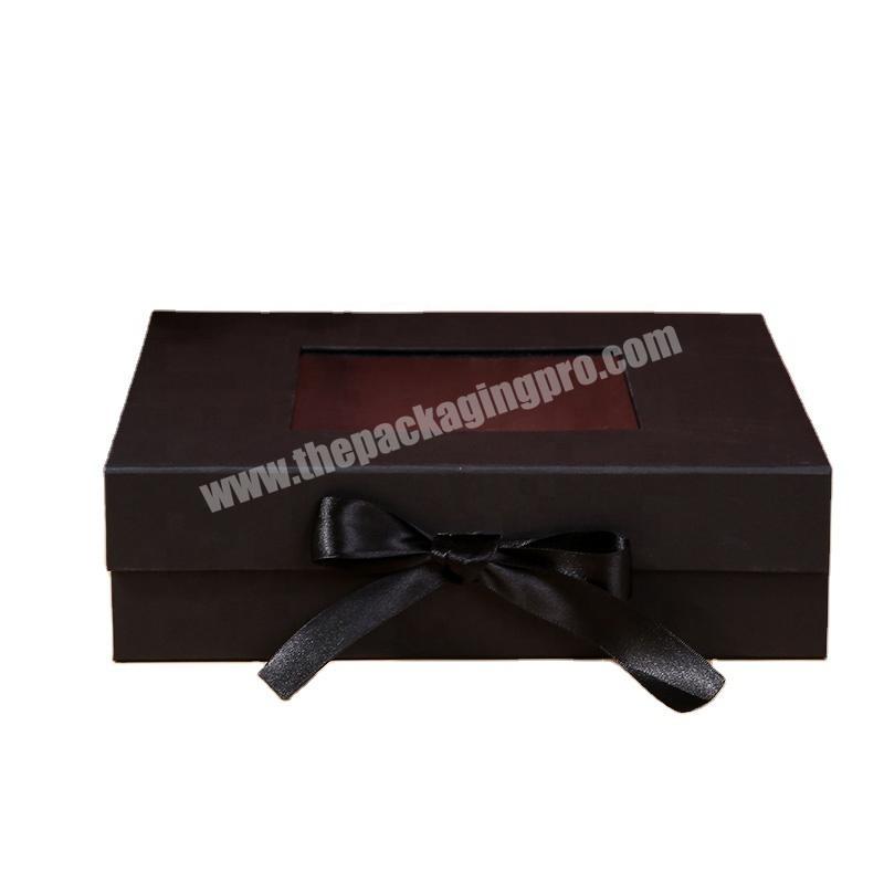Wholesale Plain Magnetic Black Ribbon Gift Rigid Magnet Hinge Box Flat Packing Luxury Leather Magnetic Folding Boxes with Window