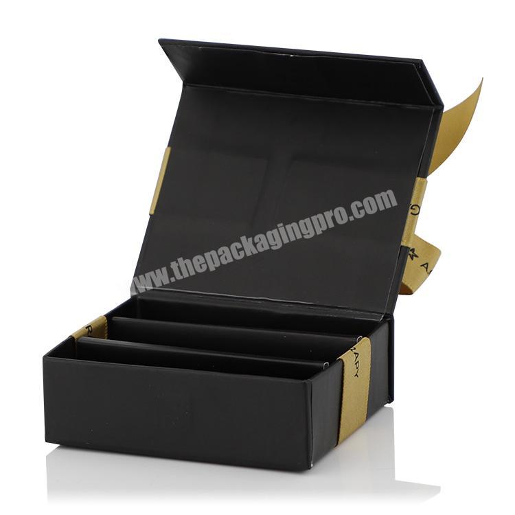 custom Wholesale luxury black small folding packaging custom logo magnetic paper gift box with ribbon closure 