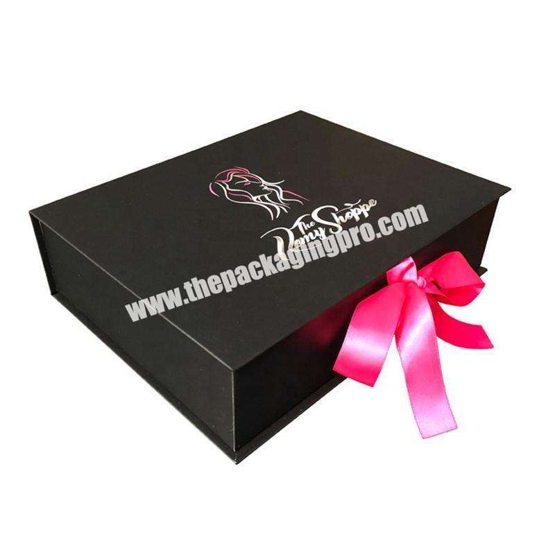 Custom Logo Black Magnetic Cardboard Paper Gift Premium Wig Luxury Hair Extension Packaging Box With Ribbon For Wig Accessories