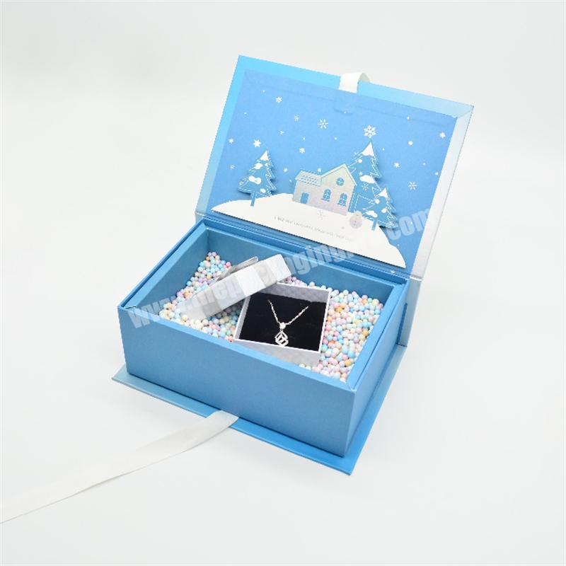 Blue Wholesale custom logo magnet cardboard luxury gift box Wrapped wig Gift box with silk satin lined with white ribbon