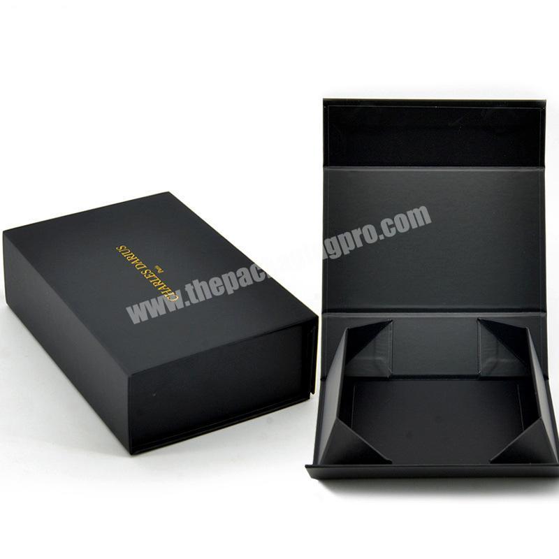 Custom Black Gold Stamping Foldable Hamper Magnetic Lid Gift Box For Clothing Packaging