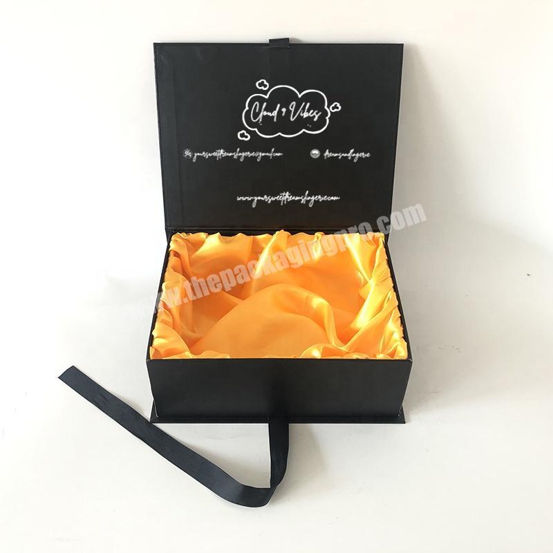 Custom Hair Extension Cardboard Gift Boxes With Satin Hair Bundles Black Magnetic Box For Wig Packaging