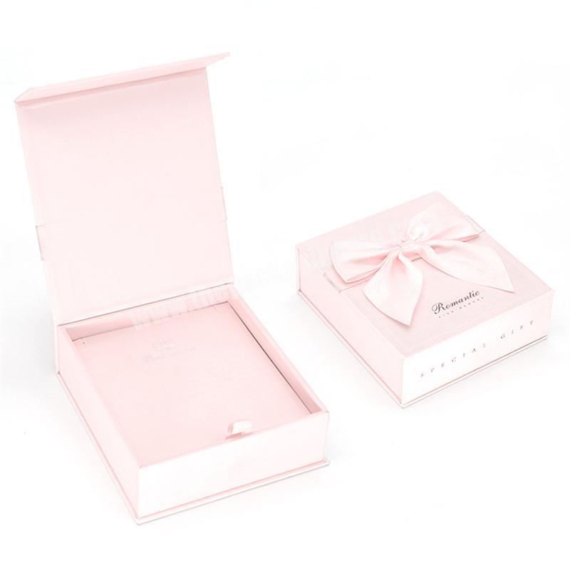 Custom Logo Bow Luxury Magnetic Flap Bracelet Necklace Ring Gift Boxes Pink Jewelry Box